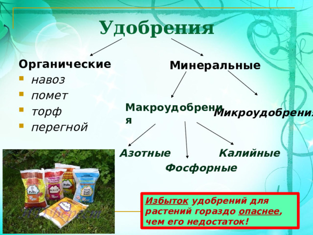 Удобрения Органические навоз помет торф перегной  Минеральные Макроудобрения Микроудобрения  Азотные  Калийные  Фосфорные  Избыток удобрений для растений гораздо опаснее , чем его недостаток! 