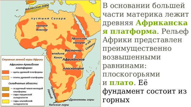 В основании большей части материка лежит древняя  Африканская платформа . Рельеф Африки представлен преимущественно возвышенными равнинами: плоскогорьями и  плато .  Её фундамент состоит из горных кристаллических пород: гранита и базальта. 