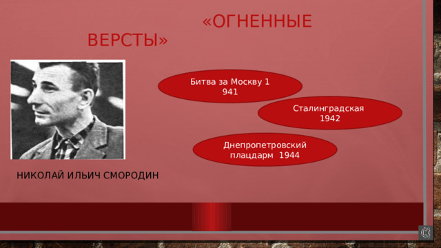  «Огненные версты»   Битва за Москву 1 941 Сталинградская 1942 Днепропетровский плацдарм 1944  Николай Ильич Смородин 