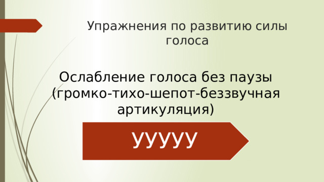 Упражнения по развитию силы голоса Ослабление голоса без паузы (громко-тихо-шепот-беззвучная артикуляция) УУУУУ 