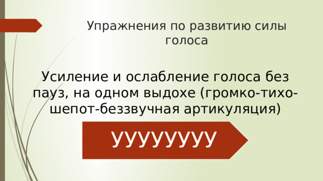 Упражнения по развитию силы голоса Усиление и ослабление голоса без пауз, на одном выдохе (громко-тихо-шепот-беззвучная артикуляция) УУУУУУУУ 