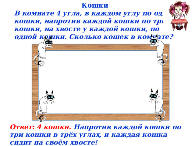 Загадка в комнате 4 угла в каждом углу сидит кошка