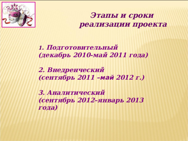 Этапы и сроки реализации проекта 1 . Подготовительный (декабрь 2010-май 2011 года)  2. Внедренческий (сентябрь 2011 –май 2012 г.)  3. Аналитический (сентябрь 2012–январь 2013 года) 