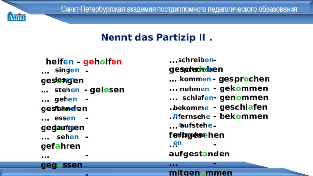 Nennt das Partizip II . ... - geschr ie ben … - gespr o chen ... - gek o mmen ... - gen o mmen ... - geschl a fen ... - bek o mmen ... - fernges e hen ... - aufgest a nden ... - mitgen o mmen schreib en helf en – ge h o lf en ... - ges u ngen … - gel e sen ... - gest a nden ... - geg a ngen ... - gef a hren ... - geg e ssen ... - gel au fen ... - ges e hen sprech en sing en komm en les en nehm en steh en schlaf en geh en bekomm en fahr en fernseh en ess en aufsteh en lauf en mitnehm en seh en 