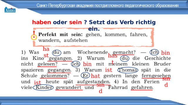 haben oder sein ? Setzt das Verb richtig ein . hast bin hast bin ist hat sind ist sind 