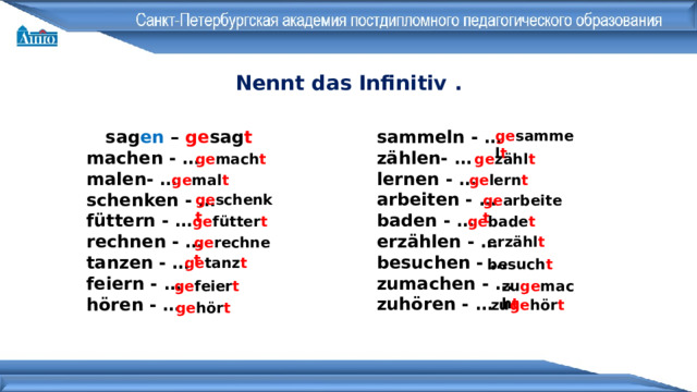 Nennt das Infinitiv . sammeln - … zählen- … lernen - … arbeiten - … baden - … erzählen - … besuchen - … zumachen - … zuhören - … sag en – ge sag t machen - … malen- … schenken - … füttern - … rechnen - … tanzen - … feiern - … hören - … ge sammel t ge zähl t ge mach t ge mal t ge lern t ge schenk t ge arbeite t ge fütter t ge bade t erzähl t ge rechne t ge tanz t besuch t ge feier t zu ge mach t zu ge hör t ge hör t 