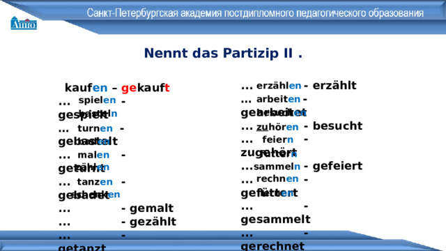 Nennt das Partizip II . ... - erzählt … - gearbeitet ... - besucht ... - zugehört ... - gefeiert ... - gefüttert ... - gesammelt ... - gerechnet ... - gelernt erzähl en kauf en – ge kauf t ... - gespielt … - gebastelt ... - geturnt ... - gebadet ... - gemalt ... - gezählt ... - getanzt ... - geschenkt arbeit en spiel en besuch en bastel n zu hör en turn en feier n bad en fütter n mal en sammel n zähl en rechn en tanz en lern en schenk en 