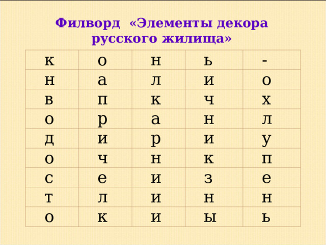 Филворд «Элементы декора русского жилища»   к о н н в а о ь п л д к и р - о ч а и о н р х с ч и л н е т у и к о л з п и к е н и н ы ь 
