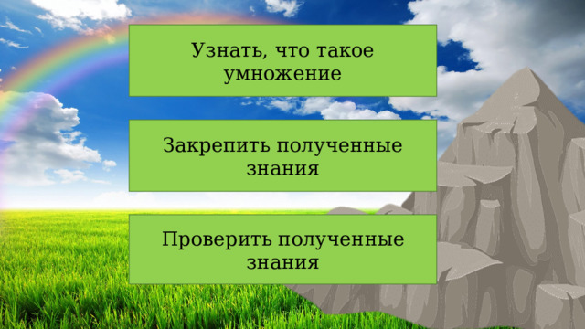 Узнать, что такое умножение Закрепить полученные знания Проверить полученные знания 