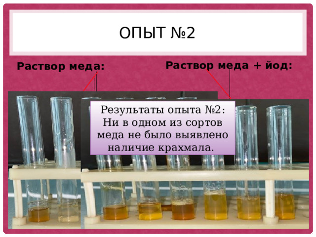 Опыт №2 Раствор меда + йод: Раствор меда: Результаты опыта №2: Ни в одном из сортов меда не было выявлено наличие крахмала. 