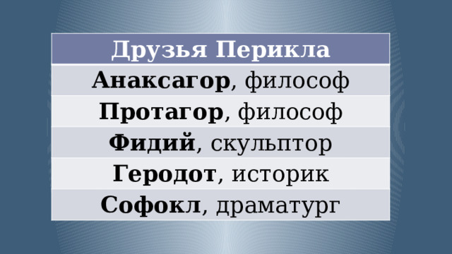 Друзья Перикла Анаксагор , философ Протагор , философ Фидий , скульптор Геродот , историк Софокл , драматург 