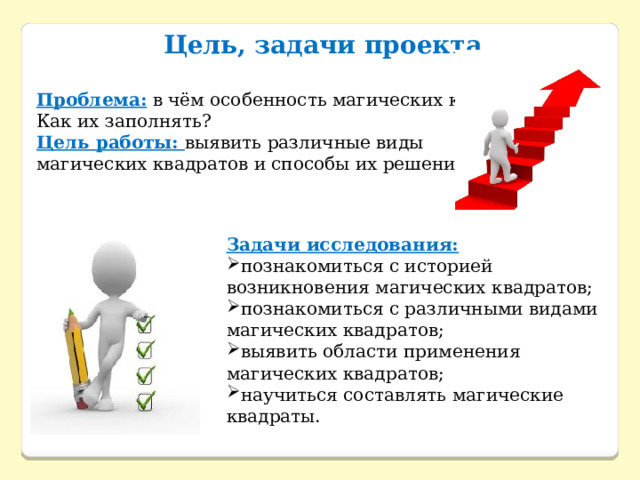 Цель, задачи проекта  Проблема:  в чём особенность магических квадратов? Как их заполнять? Цель работы: выявить различные виды магических квадратов и способы их решения. Задачи исследования: познакомиться с историей возникновения магических квадратов; познакомиться с различными видами магических квадратов; выявить области применения магических квадратов; научиться составлять магические квадраты. 