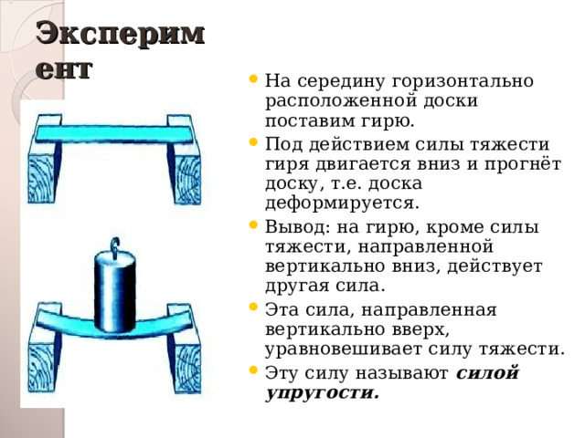 Эксперимент На середину горизонтально расположенной доски поставим гирю. Под действием силы тяжести гиря двигается вниз и прогнёт доску, т.е. доска деформируется. Вывод: на гирю, кроме силы тяжести, направленной вертикально вниз, действует другая сила. Эта сила, направленная вертикально вверх, уравновешивает силу тяжести. Эту силу называют силой упругости. 