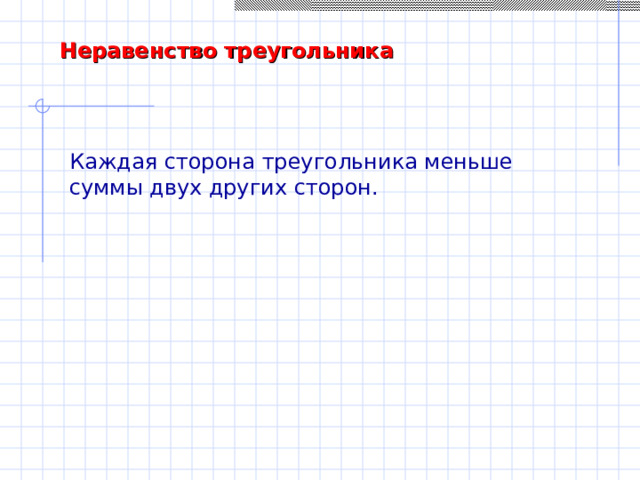 Неравенство треугольника Каждая сторона треугольника меньше суммы двух других сторон. 