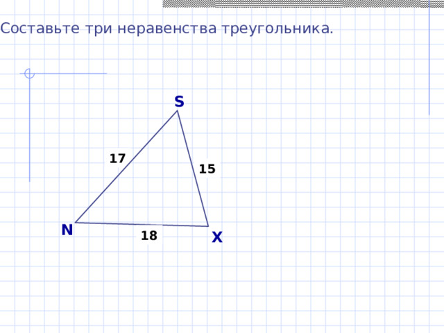 Составьте три неравенства треугольника. S 17 15 N X 18 