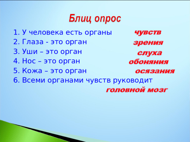 1. У человека есть органы 2. Глаза - это орган 3. Уши – это орган 4. Нос – это орган 5. Кожа – это орган 6. Всеми органами чувств руководит 