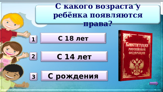 С какого возраста у ребёнка появляются права? С 18 лет 1 С 14 лет 2 С рождения 3 