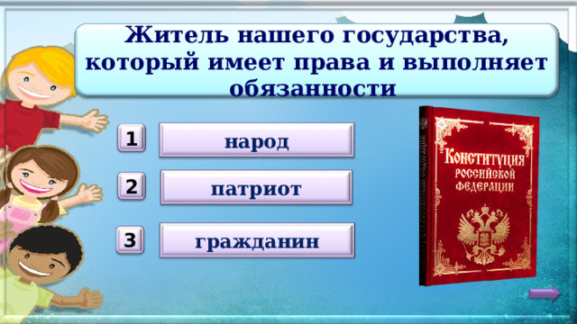 Житель нашего государства, который имеет права и выполняет обязанности народ 1 патриот 2 гражданин 3 