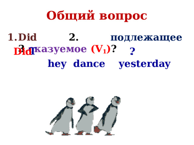 Общий вопрос Did  2. подлежащее 3. сказуемое  (V 1 ) ?  hey  dance  yesterday T ? Did . 