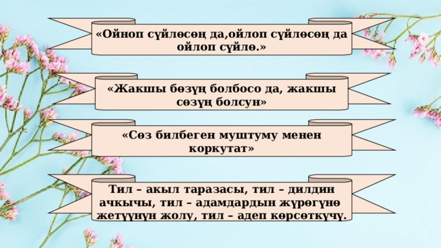 «Ойноп сүйлөсөң да,ойлоп сүйлөсөң да ойлоп сүйлө.» «Жакшы бөзүң болбосо да, жакшы сөзүң болсун» «Сөз билбеген муштуму менен коркутат» Тил – акыл таразасы, тил – дилдин ачкычы, тил – адамдардын жүрөгүнө жетүүнүн жолу, тил – адеп көрсөткүчү. 