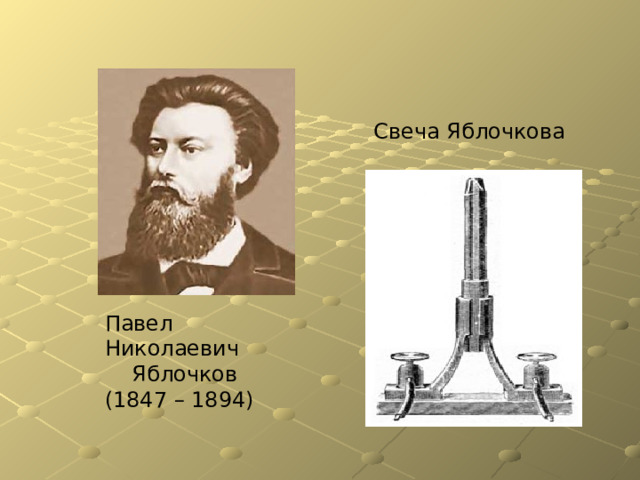 Свеча Яблочкова Павел Николаевич  Яблочков (1847 – 1894) 