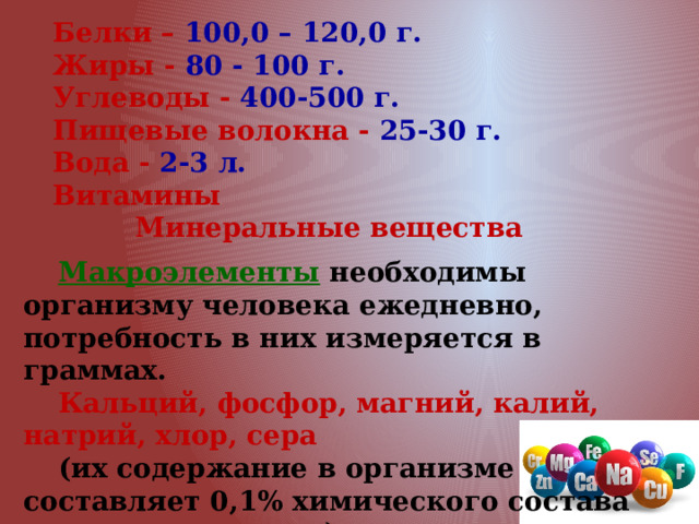 Белки – 100,0 – 120,0 г. Жиры - 80 - 100 г. Углеводы - 400-500 г. Пищевые волокна - 25-30 г. Вода - 2-3 л. Витамины Минеральные вещества Макроэлементы  необходимы организму человека ежедневно, потребность в них измеряется в граммах. Кальций, фосфор, магний, калий, натрий, хлор, сера (их содержание в организме составляет 0,1% химического состава организма и выше). 