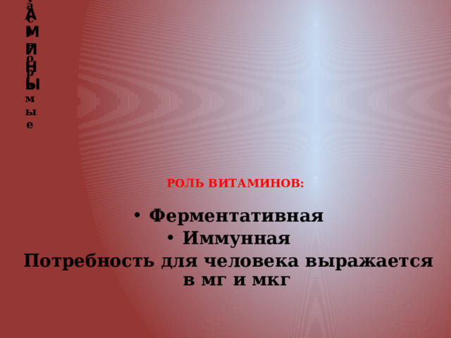ВИТАМИНЫ Водорастворимые   РОЛЬ ВИТАМИНОВ:    Ферментативная Иммунная Потребность для человека выражается в мг и мкг 
