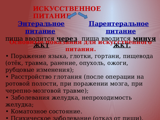 ИСКУССТВЕННОЕ ПИТАНИЕ Энтеральное питание  Парентеральное питание  пища вводится через ЖКТ пища вводится минуя ЖКТ. Основные показания для искусственного питания. • Поражение языка, глотки, гортани, пищевода (отёк, травма, ранение, опухоль, ожоги, рубцовые изменения); • Расстройство глотания (после операции на ротовой полости, при поражении мозга, при черепно-мозговой травме); • Заболевания желудка, непроходимость желудка; • Коматозное состояние. • Психическое заболевание (отказ от пищи). • Терминальная стадия кахексии. 