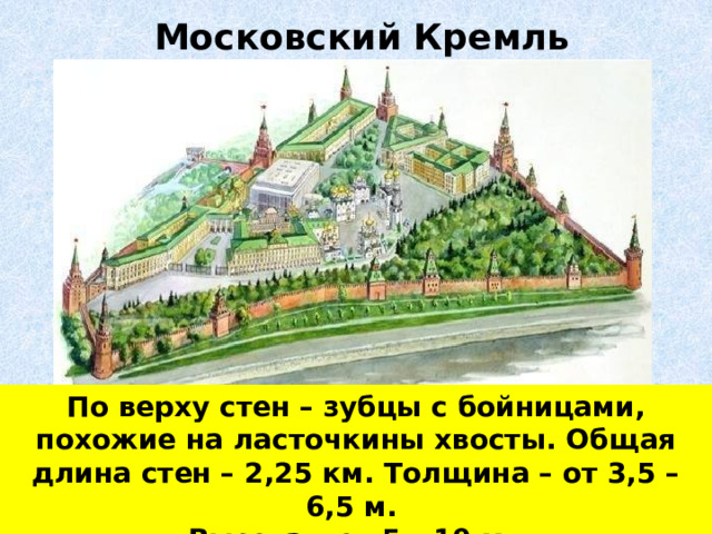 Московский Кремль По верху стен – зубцы с бойницами, похожие на ласточкины хвосты. Общая длина стен – 2,25 км. Толщина – от 3,5 – 6,5 м. Высота – от 5 – 19 м. 