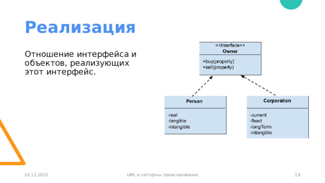 Реализация Отношение интерфейса и объектов, реализующих этот интерфейс. 02.12.2022 UML и паттерны проектирования 1 