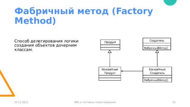 Фабричный метод (Factory Method) Способ делегирования логики создания объектов дочерним классам. 30 02.12.2022 UML и паттерны проектирования 30 