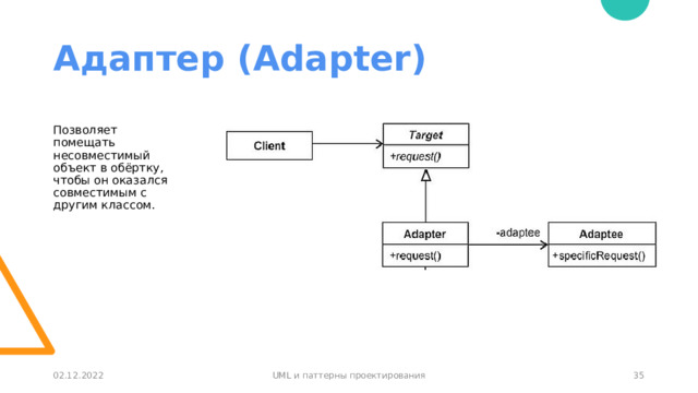 Адаптер (Adapter) Позволяет помещать несовместимый объект в обёртку, чтобы он оказался совместимым с другим классом.   30 02.12.2022 UML и паттерны проектирования 30 
