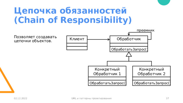 Цепочка обязанностей  (Chain of Responsibility) преемник Позволяет создавать цепочки объектов. Обработчик Клиент ОбработатьЗапрос() Конкретный Обработчик 1 Конкретный Обработчик 2 ОбработатьЗапрос() ОбработатьЗапрос() 36 02.12.2022 UML и паттерны проектирования 36 