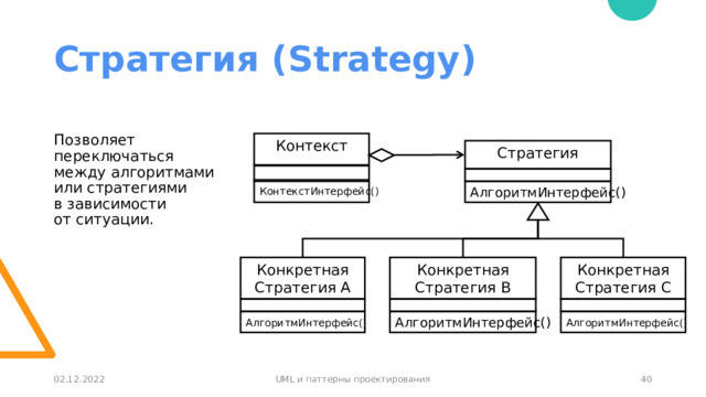 Стратегия (Strategy) Позволяет переключаться между алгоритмами или стратегиями  в зависимости  от ситуации.  Контекст Стратегия КонтекстИнтерфейс() АлгоритмИнтерфейс() Конкретная Стратегия С Конкретная Стратегия В Конкретная Стратегия А АлгоритмИнтерфейс() АлгоритмИнтерфейс() АлгоритмИнтерфейс() 36 02.12.2022 UML и паттерны проектирования 36 