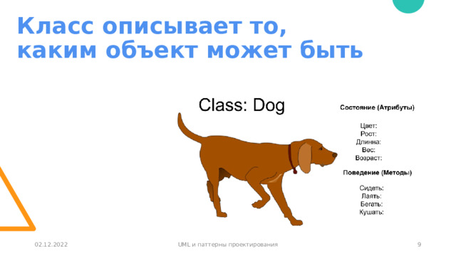 Класс описывает то,  каким объект может быть 02.12.2022 UML и паттерны проектирования 1 