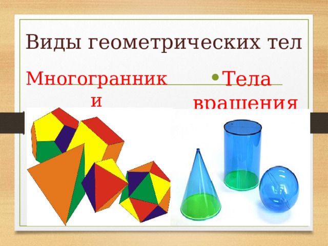 Виды геометрических тел Многогранники Тела вращения 