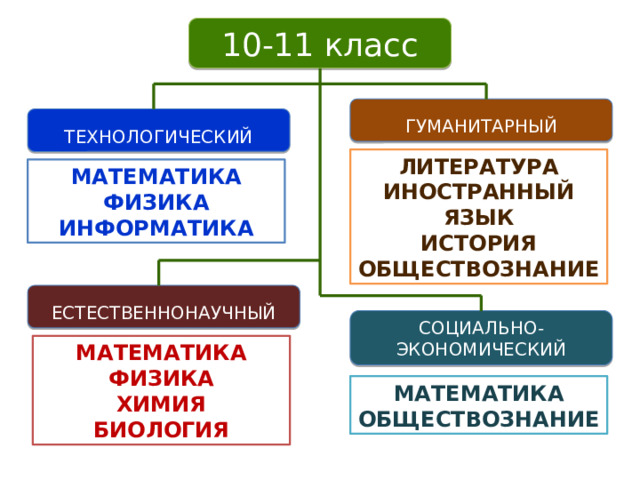 10-11 класс ГУМАНИТАРНЫЙ ТЕХНОЛОГИЧЕСКИЙ ЛИТЕРАТУРА ИНОСТРАННЫЙ ЯЗЫК ИСТОРИЯ ОБЩЕСТВОЗНАНИЕ МАТЕМАТИКА ФИЗИКА ИНФОРМАТИКА ЕСТЕСТВЕННОНАУЧНЫЙ СОЦИАЛЬНО-ЭКОНОМИЧЕСКИЙ МАТЕМАТИКА ФИЗИКА ХИМИЯ БИОЛОГИЯ МАТЕМАТИКА ОБЩЕСТВОЗНАНИЕ 