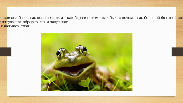 Вначале она была, как козлик; потом – как баран; потом – как бык, а потом – как большой-большой слон. Тут лягушонок обрадовался и закричал: - А я большой слон! 