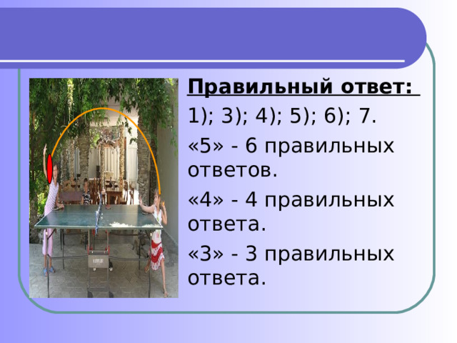 Правильный ответ: 1); 3); 4); 5); 6); 7. «5» - 6 правильных ответов. «4» - 4 правильных ответа. «3» - 3 правильных ответа. 