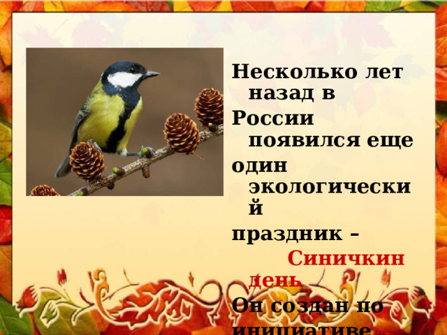 Несколько лет назад в России появился еще один экологический праздник –  Синичкин день  Он создан по инициативе Союза охраны птиц России и отмечается 12 ноября 