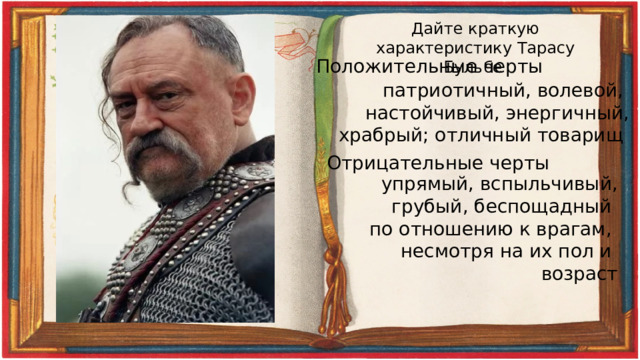 Дайте краткую характеристику Тарасу Бульбе Положительные черты патриотичный, волевой, настойчивый, энергичный, храбрый; отличный товарищ Отрицательные черты упрямый, вспыльчивый, грубый, беспощадный по отношению к врагам, несмотря на их пол и возраст 