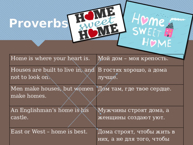 Proverbs Home is where your heart is. Мой дом – моя крепость. Houses are built to live in, and not to look on. В гостях хорошо, а дома лучше. Men make houses, but women make homes. An Englishman’s home is his castle.   Дом там, где твое сердце.   Мужчины строят дома, а женщины создают уют. East or West – home is best. Дома строят, чтобы жить в них, а не для того, чтобы смотреть на них. 