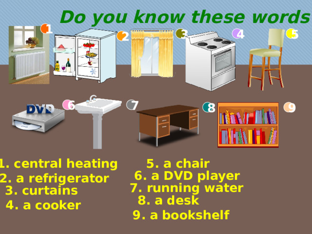 Do you know these words? 1 5 3 4 2 7 6 9 8 1. central heating 5. a chair 6. a DVD player 2. a refrigerator 7. running water 3. curtains 8. a desk 4. a cooker 9. a bookshelf 