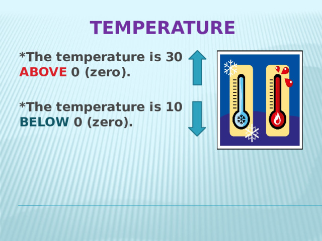 Temperature *The temperature is 30 ABOVE 0 (zero).  *The temperature is 10 BELOW 0 (zero). 