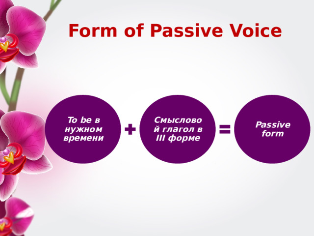 Form of Passive Voice To be в нужном времени Смысловой глагол в III форме Passive form 