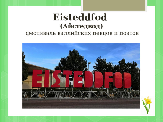 Eisteddfod  ( Айстедвод )  фестиваль валлийских певцов и поэтов 