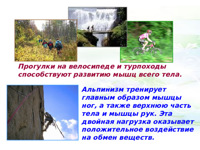 Прогулки на велосипеде и турпоходы способствуют развитию мышц всего тела.  Альпинизм тренирует главным образом мышцы ног, а также верхнюю часть тела и мышцы рук. Эта двойная нагрузка оказывает положительное воздействие на обмен веществ. 