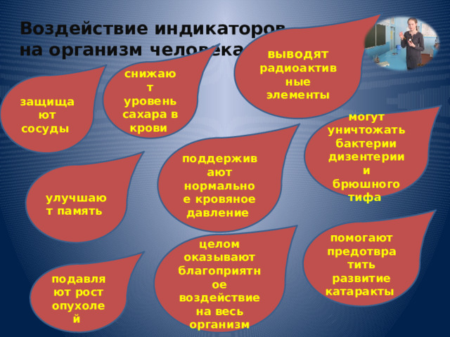 Воздействие индикаторов на организм человека выводят радиоактивные элементы снижают уровень сахара в крови защищают сосуды могут уничтожать бактерии дизентерии и брюшного тифа поддерживают нормальное кровяное давление улучшают память помогают предотвратить развитие катаракты целом оказывают благоприятное воздействие на весь организм подавляют рост опухолей 