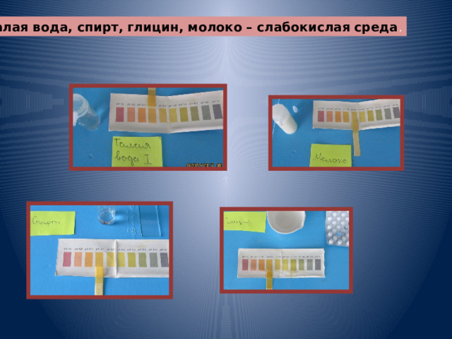 7.Талая вода, спирт, глицин, молоко – слабокислая среда . 