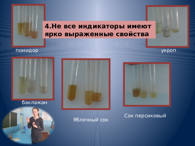 4.Не все индикаторы имеют ярко выраженные свойства помидор укроп баклажан Сок персиковый Яблочный сок 